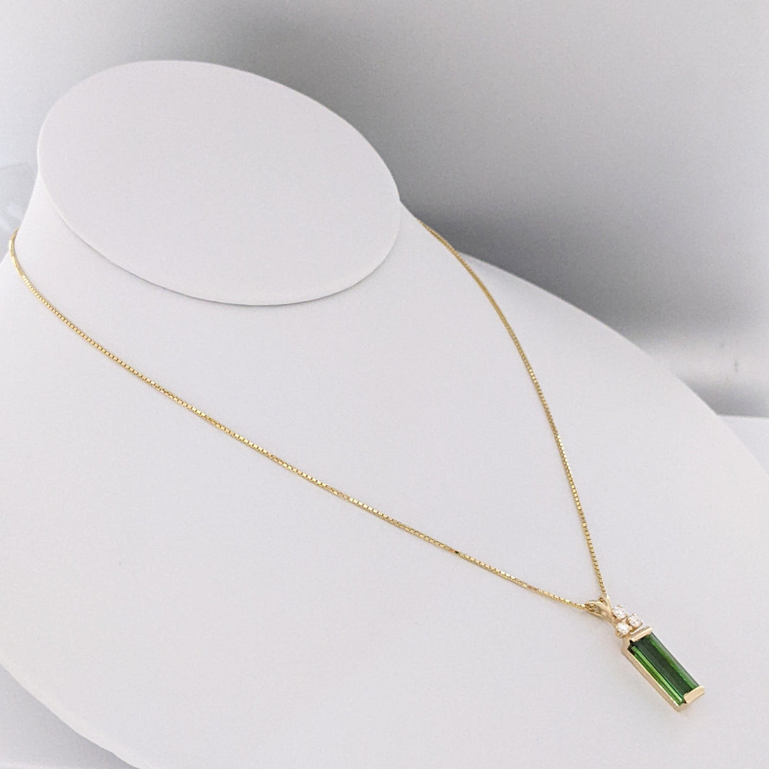 14K GREEN TOURMALINE EMERALD CUT 5X13 WITH .18 DIAMOND TOTAL WEIGHT ESTATE PENDANT & CHAIN 4.6 GRAMS