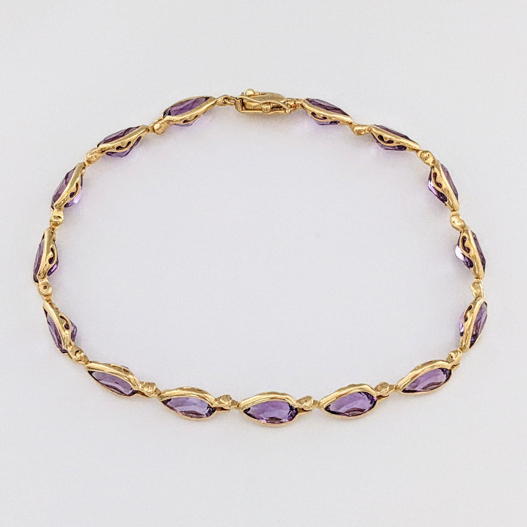 14K AMETHYST PEAR 5X8 (15) BEZEL ESTATE BRACELET 7.2 GRAMS