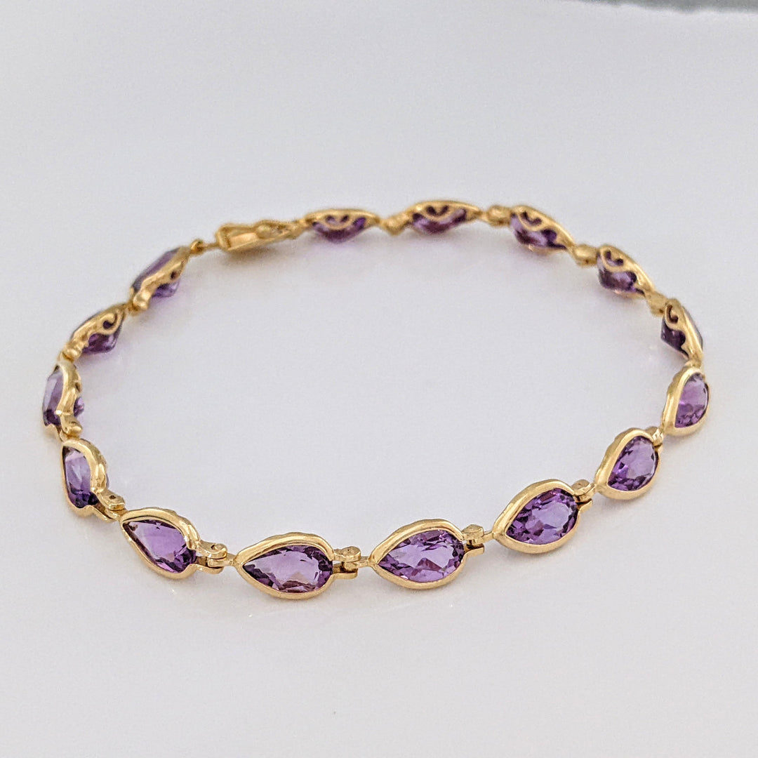 14K AMETHYST PEAR 5X8 (15) BEZEL ESTATE BRACELET 7.2 GRAMS