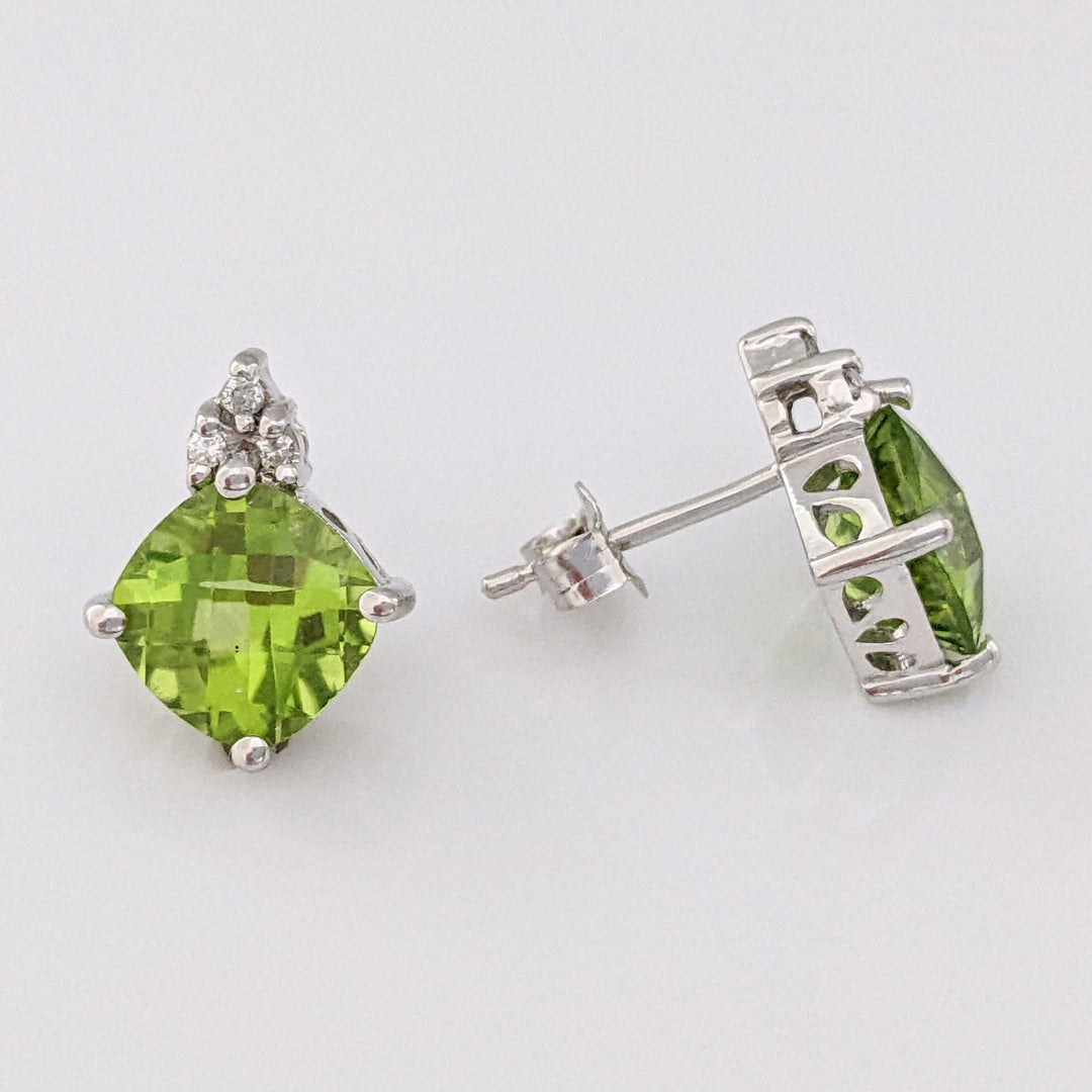 14K WHITE PERIDOT CUSHION CUT 7MM WITH (6) MELEE ESTATE EARRINGS 2.1 GRAMS