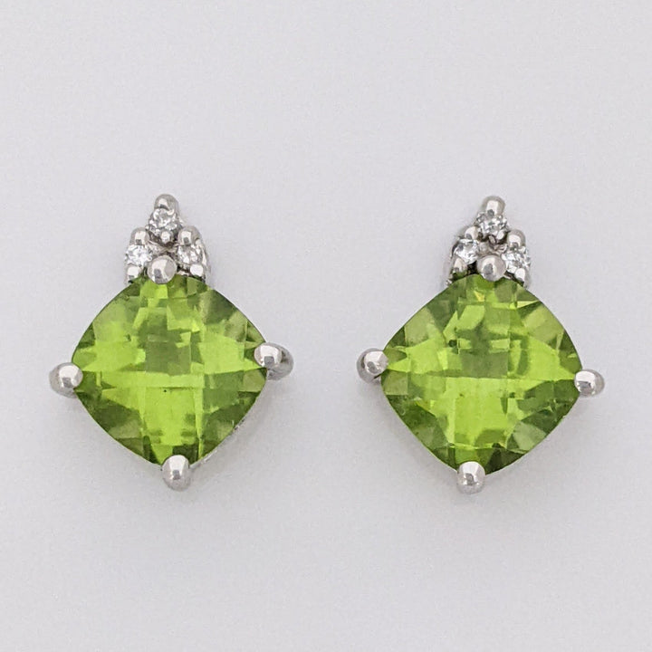 14K WHITE PERIDOT CUSHION CUT 7MM WITH (6) MELEE ESTATE EARRINGS 2.1 GRAMS