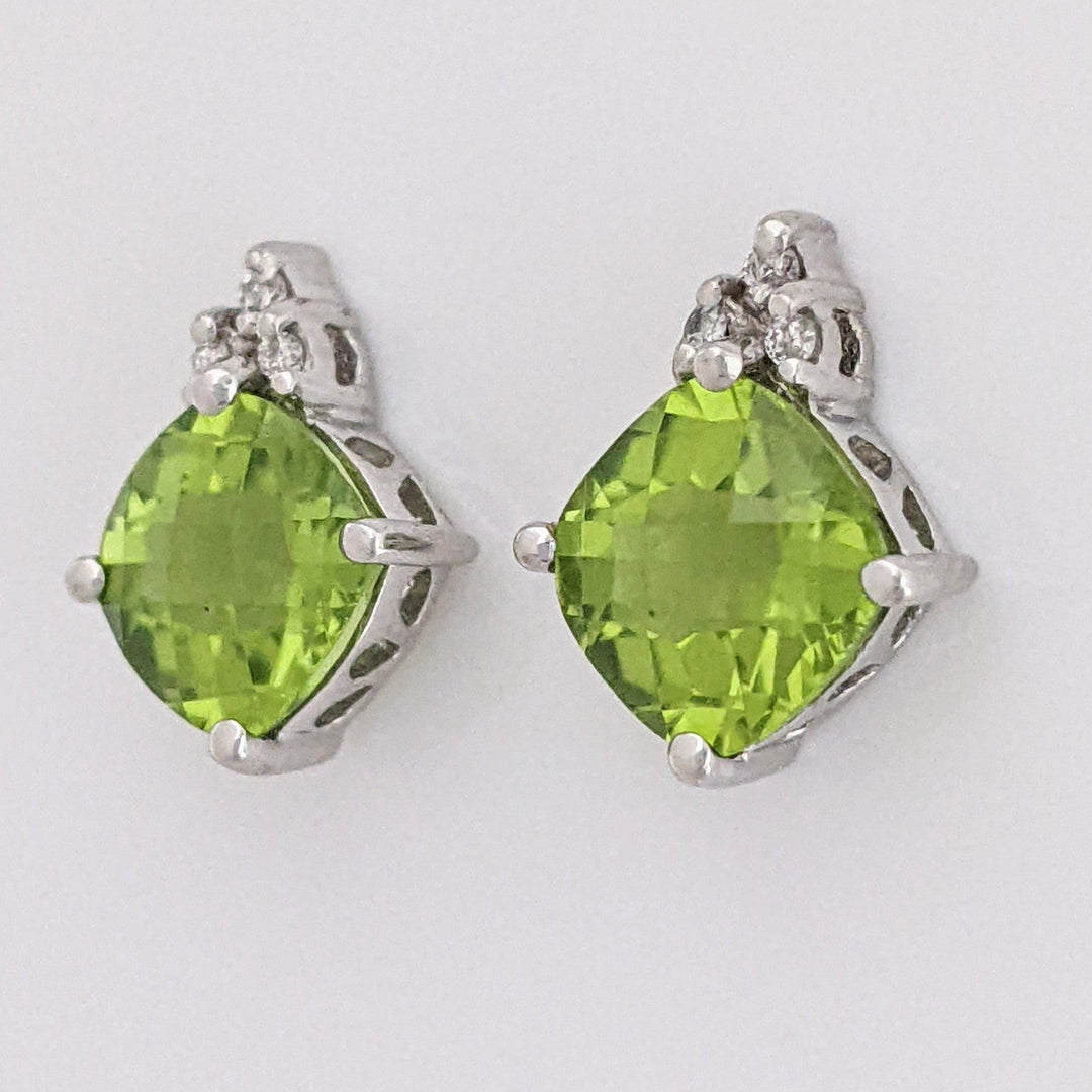 14K WHITE PERIDOT CUSHION CUT 7MM WITH (6) MELEE ESTATE EARRINGS 2.1 GRAMS