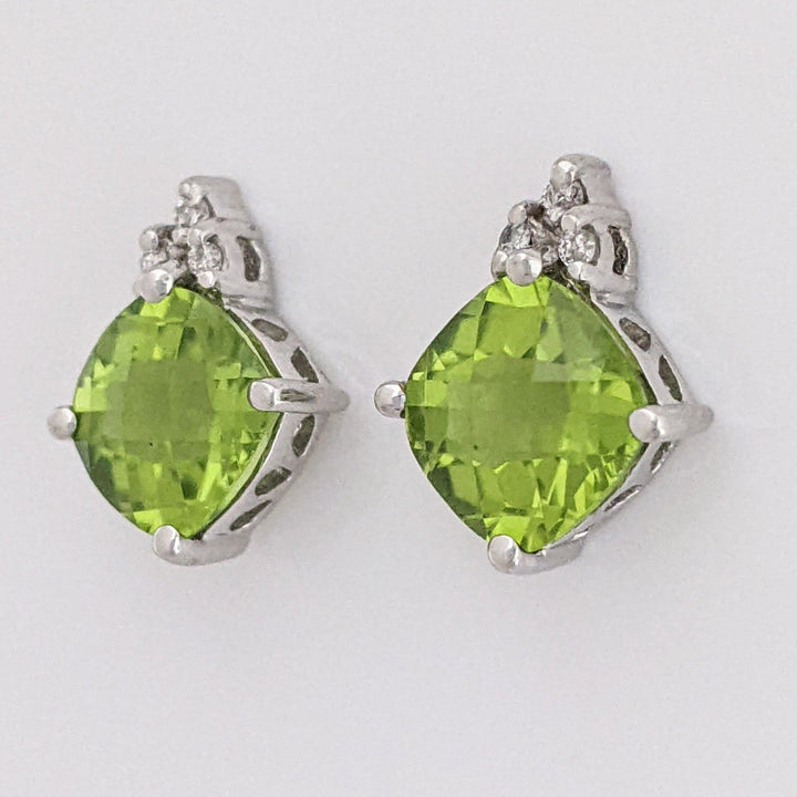 14K WHITE PERIDOT CUSHION CUT 7MM WITH (6) MELEE ESTATE EARRINGS 2.1 GRAMS