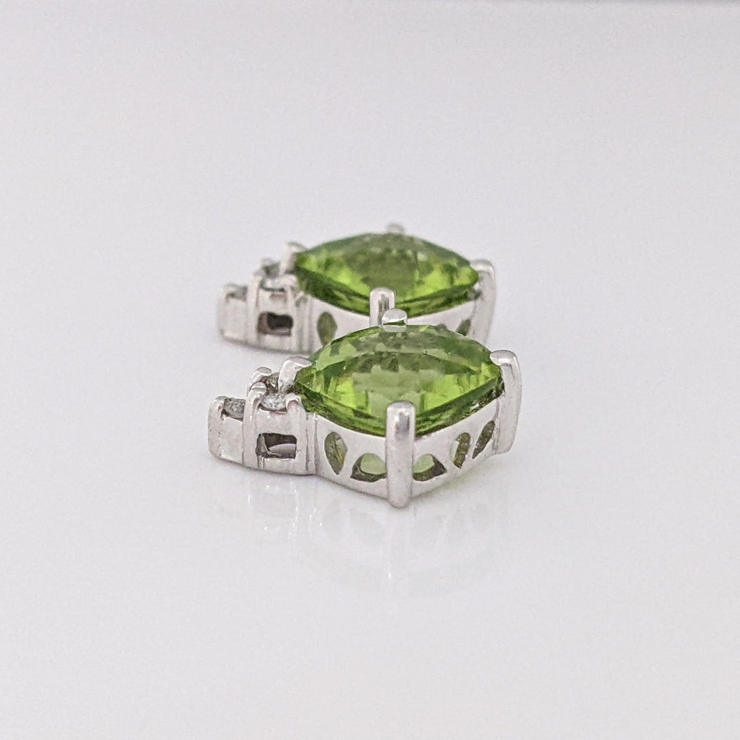 14K WHITE PERIDOT CUSHION CUT 7MM WITH (6) MELEE ESTATE EARRINGS 2.1 GRAMS