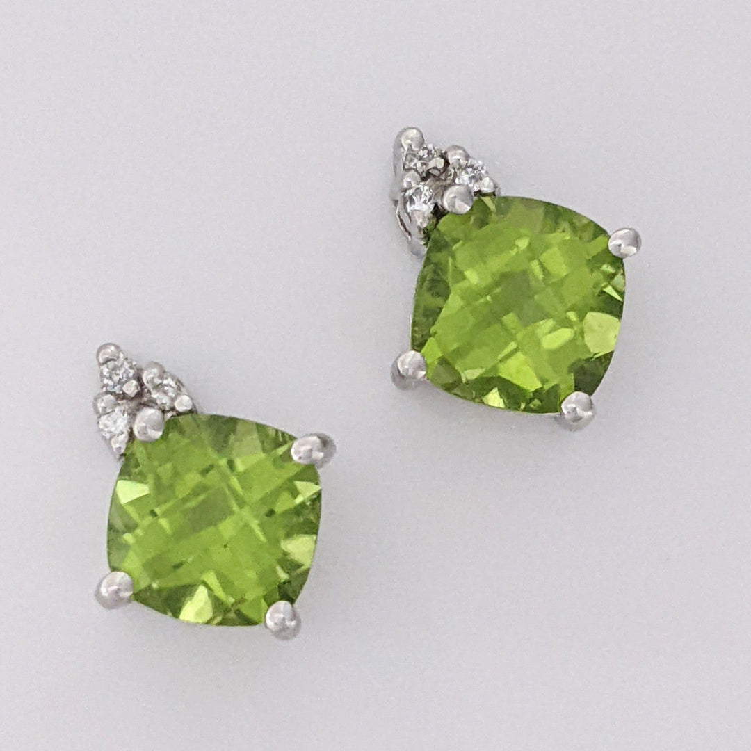 14K WHITE PERIDOT CUSHION CUT 7MM WITH (6) MELEE ESTATE EARRINGS 2.1 GRAMS
