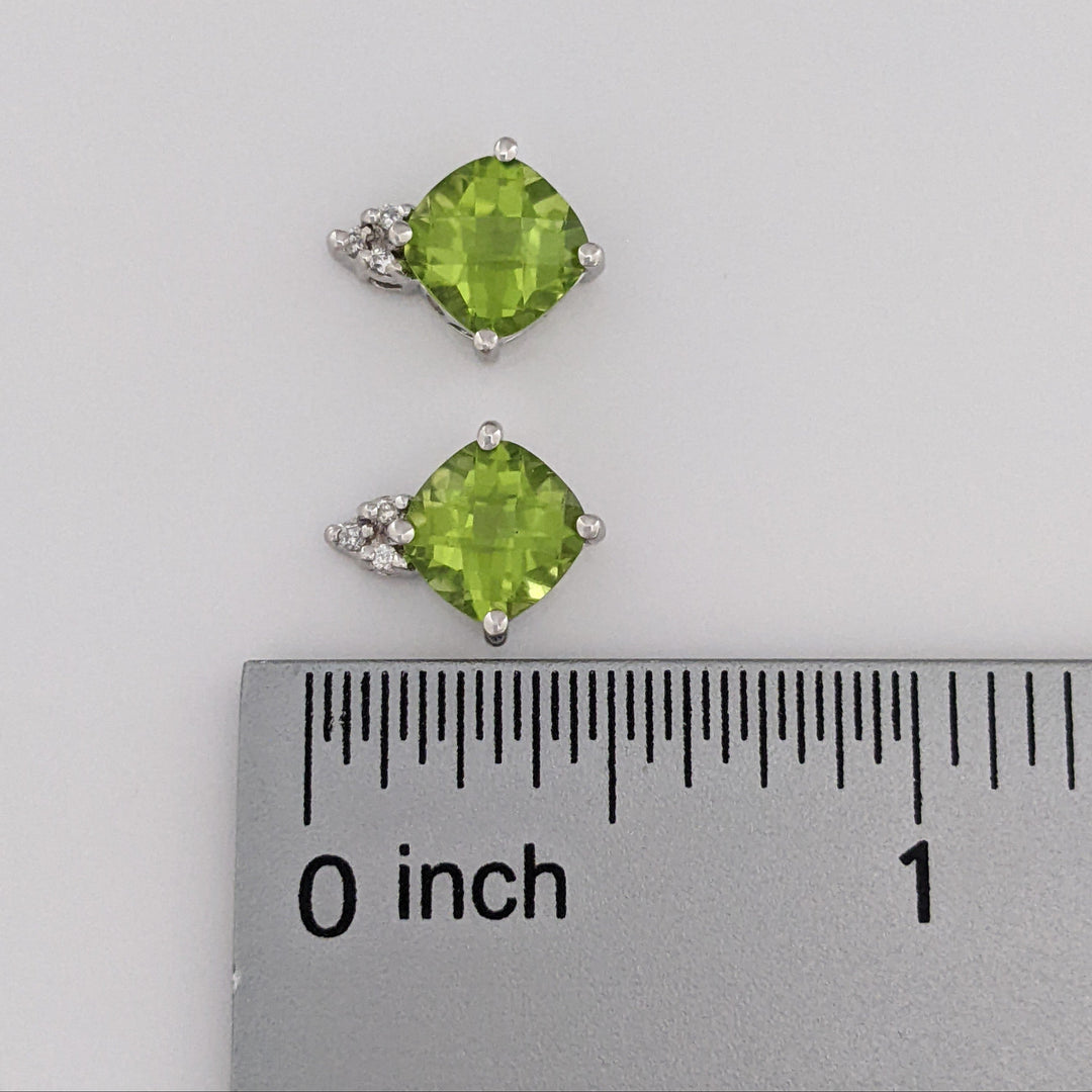 14K WHITE PERIDOT CUSHION CUT 7MM WITH (6) MELEE ESTATE EARRINGS 2.1 GRAMS