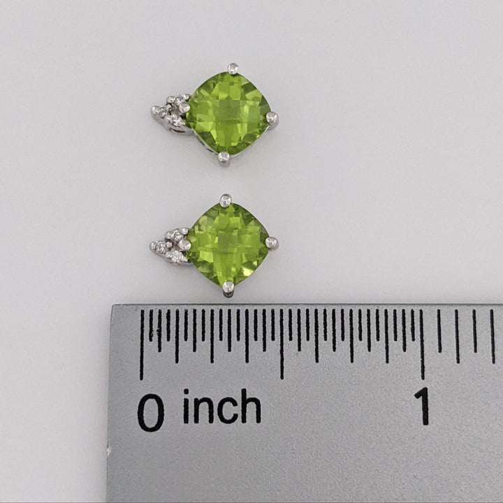 14K WHITE PERIDOT CUSHION CUT 7MM WITH (6) MELEE ESTATE EARRINGS 2.1 GRAMS