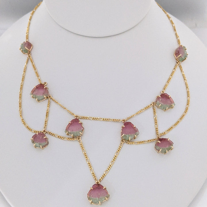 14K MAINE WATERMELON TOURMALINE SLICE (11) ESTATE NECKLACE/ EARRING SET 19.9 GRAMS