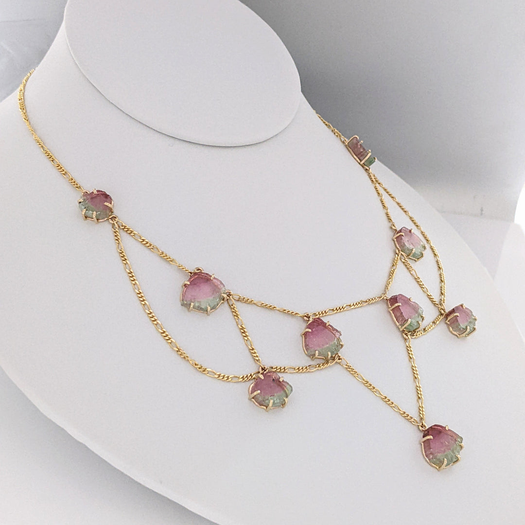 14K MAINE WATERMELON TOURMALINE SLICE (11) ESTATE NECKLACE/ EARRING SET 19.9 GRAMS