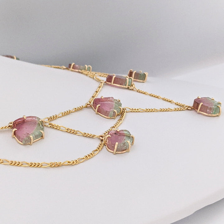 14K MAINE WATERMELON TOURMALINE SLICE (11) ESTATE NECKLACE/ EARRING SET 19.9 GRAMS