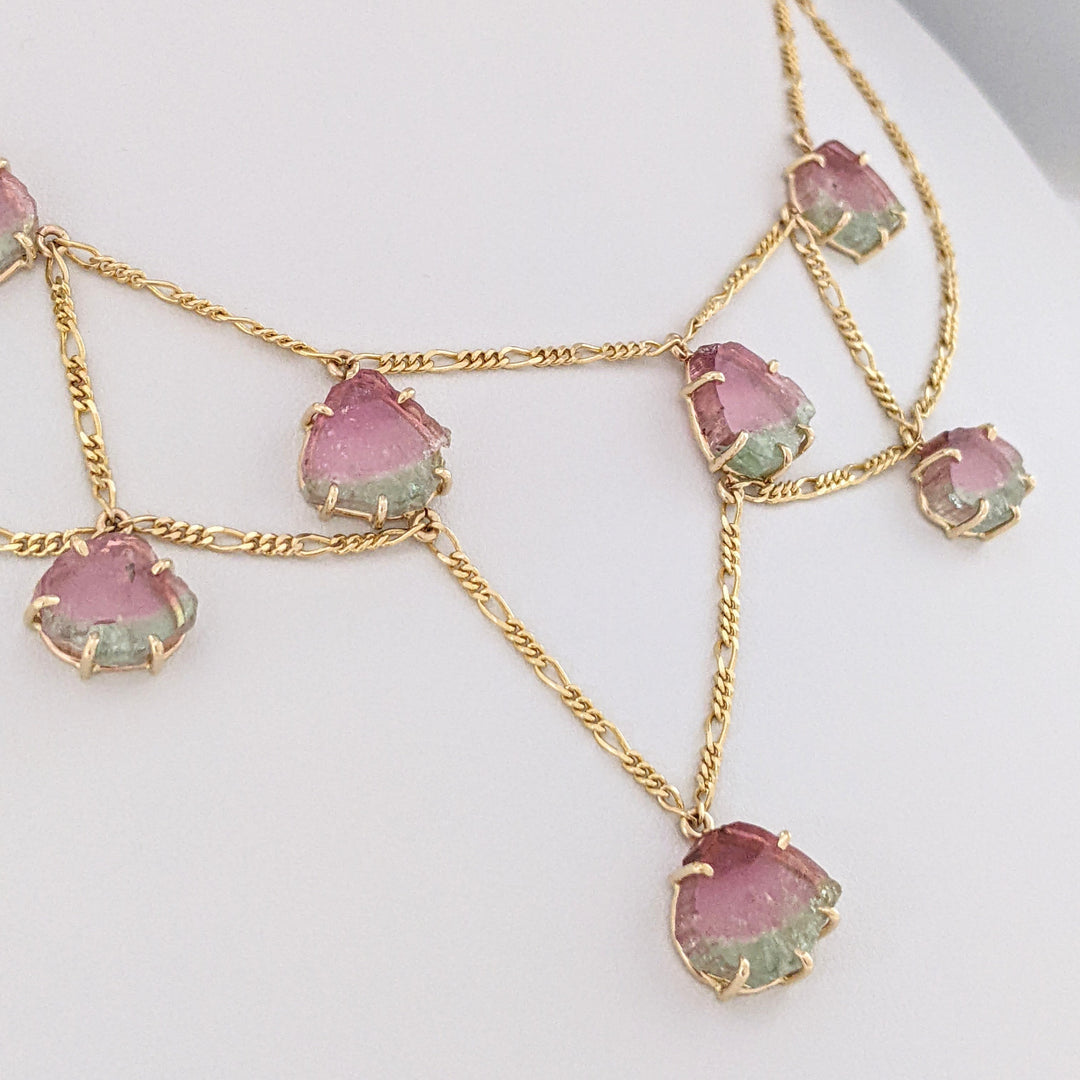 14K MAINE WATERMELON TOURMALINE SLICE (11) ESTATE NECKLACE/ EARRING SET 19.9 GRAMS