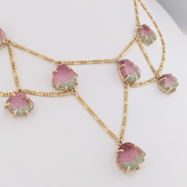 14K MAINE WATERMELON TOURMALINE SLICE (11) ESTATE NECKLACE/ EARRING SET 19.9 GRAMS