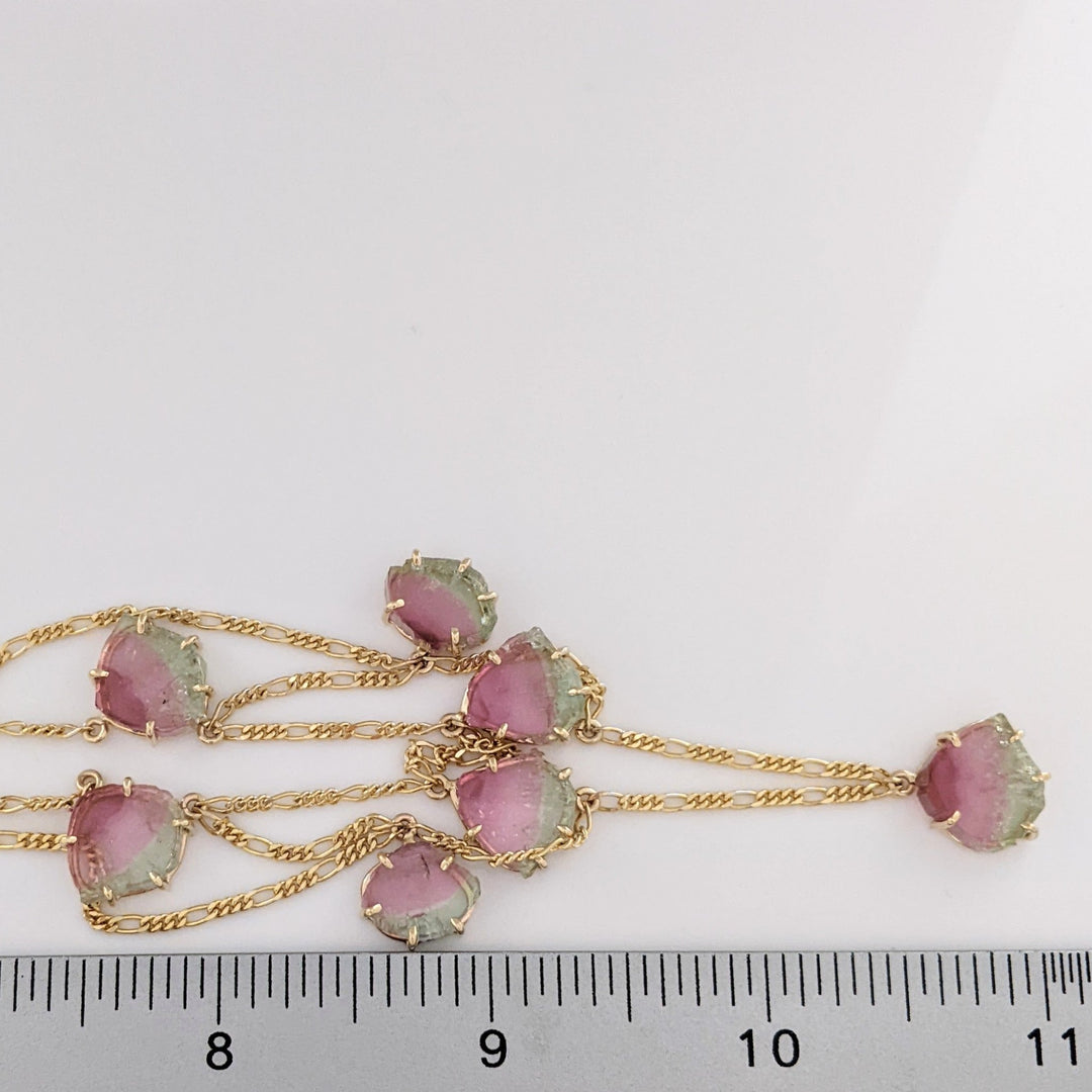 14K MAINE WATERMELON TOURMALINE SLICE (11) ESTATE NECKLACE/ EARRING SET 19.9 GRAMS