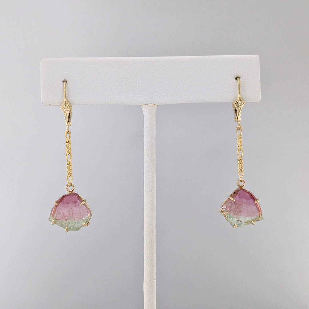 14K MAINE WATERMELON TOURMALINE SLICE (11) ESTATE NECKLACE/ EARRING SET 19.9 GRAMS