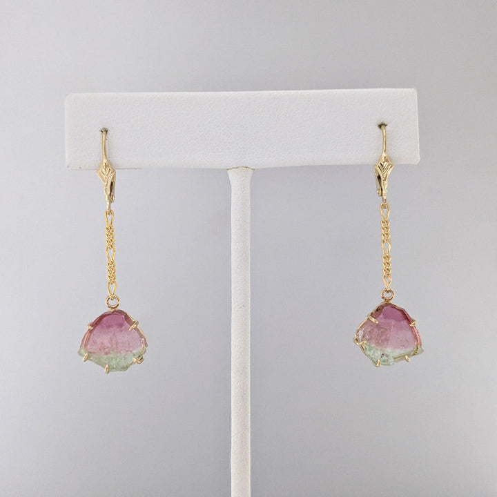 14K MAINE WATERMELON TOURMALINE SLICE (11) ESTATE NECKLACE/ EARRING SET 19.9 GRAMS