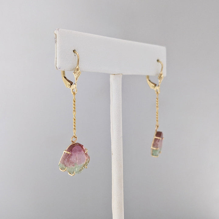 14K MAINE WATERMELON TOURMALINE SLICE (11) ESTATE NECKLACE/ EARRING SET 19.9 GRAMS