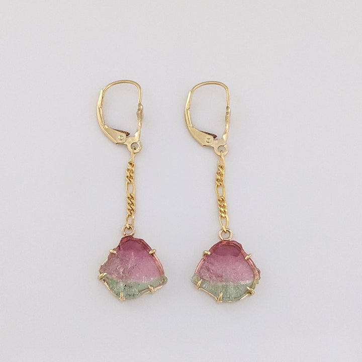 14K MAINE WATERMELON TOURMALINE SLICE (11) ESTATE NECKLACE/ EARRING SET 19.9 GRAMS
