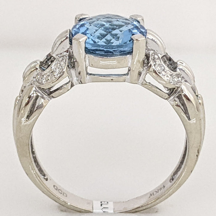 14K WHITE SWISS BLUE TOPAZ ROUND 8MM WITH MELEE LINK ESTATE RING 3.8 GRAMS