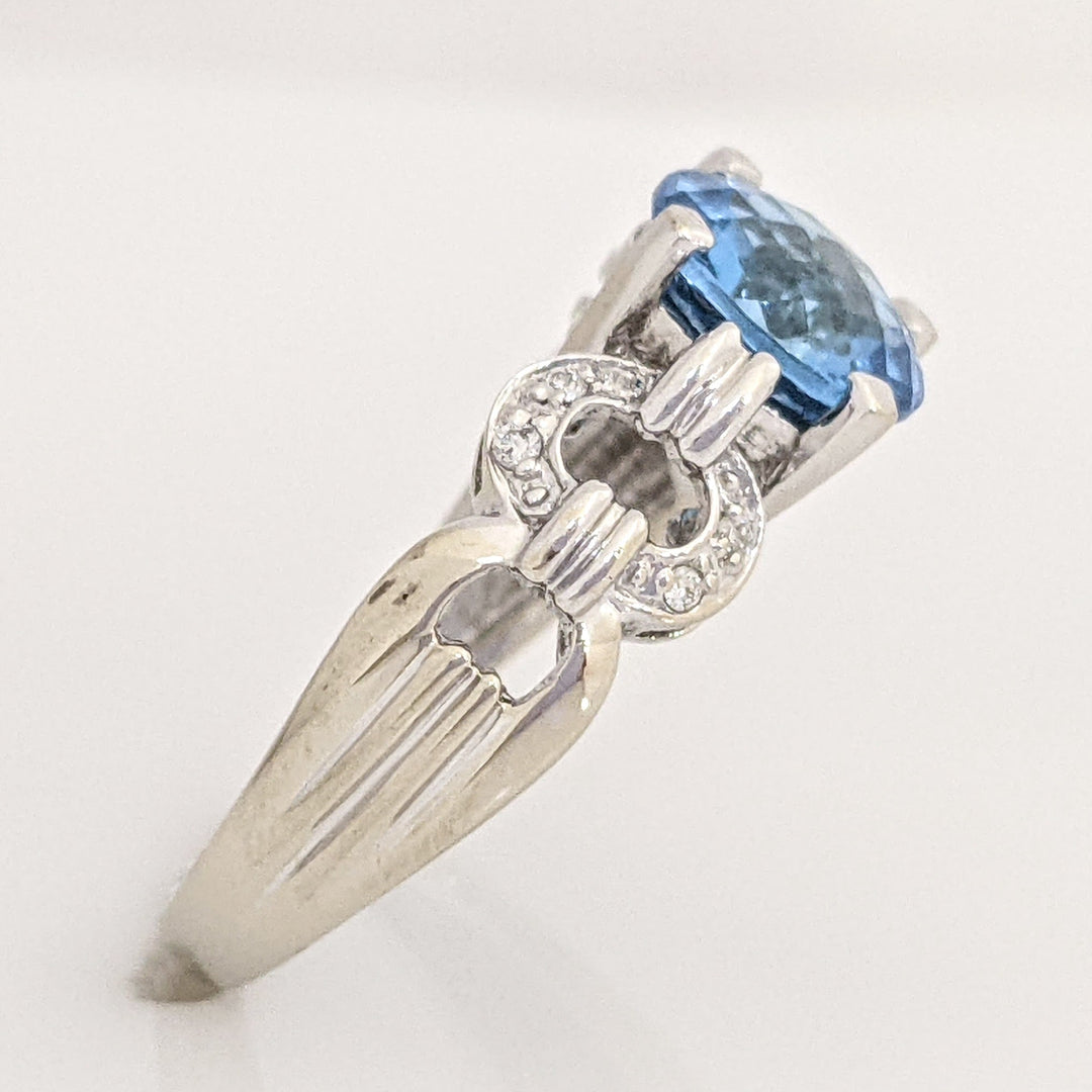 14K WHITE SWISS BLUE TOPAZ ROUND 8MM WITH MELEE LINK ESTATE RING 3.8 GRAMS
