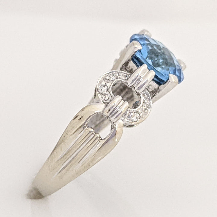 14K WHITE SWISS BLUE TOPAZ ROUND 8MM WITH MELEE LINK ESTATE RING 3.8 GRAMS