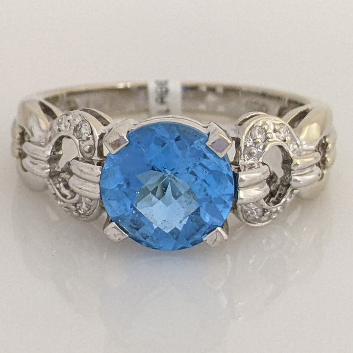 14K WHITE SWISS BLUE TOPAZ ROUND 8MM WITH MELEE LINK ESTATE RING 3.8 GRAMS