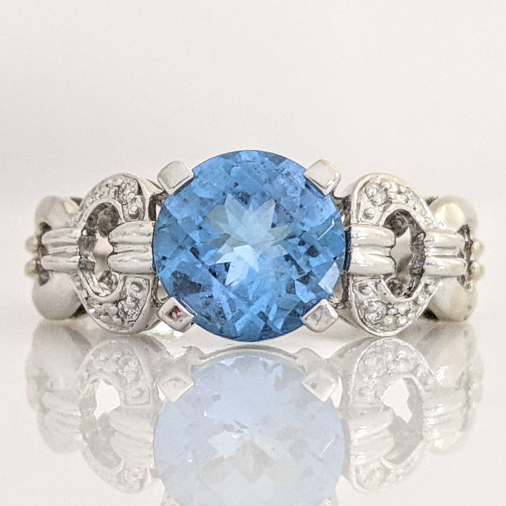 14K WHITE SWISS BLUE TOPAZ ROUND 8MM WITH MELEE LINK ESTATE RING 3.8 GRAMS
