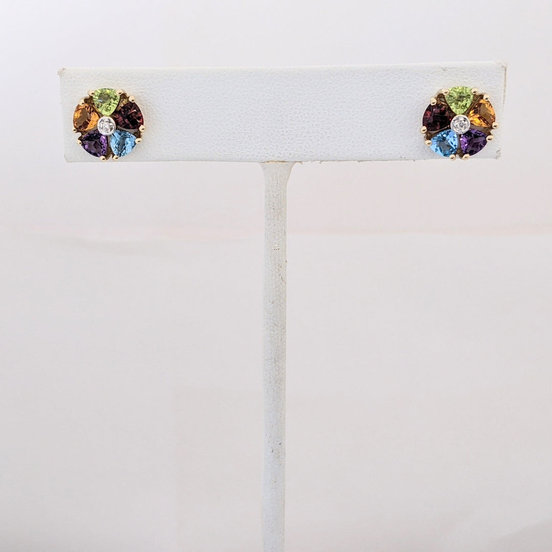 14K PERIDOT, CITRINE, AMETHYST, BLUE TOPAZ, GARNET TRILLION CUT ESTATE CLUSTER EARRINGS 2.2 GRAMS