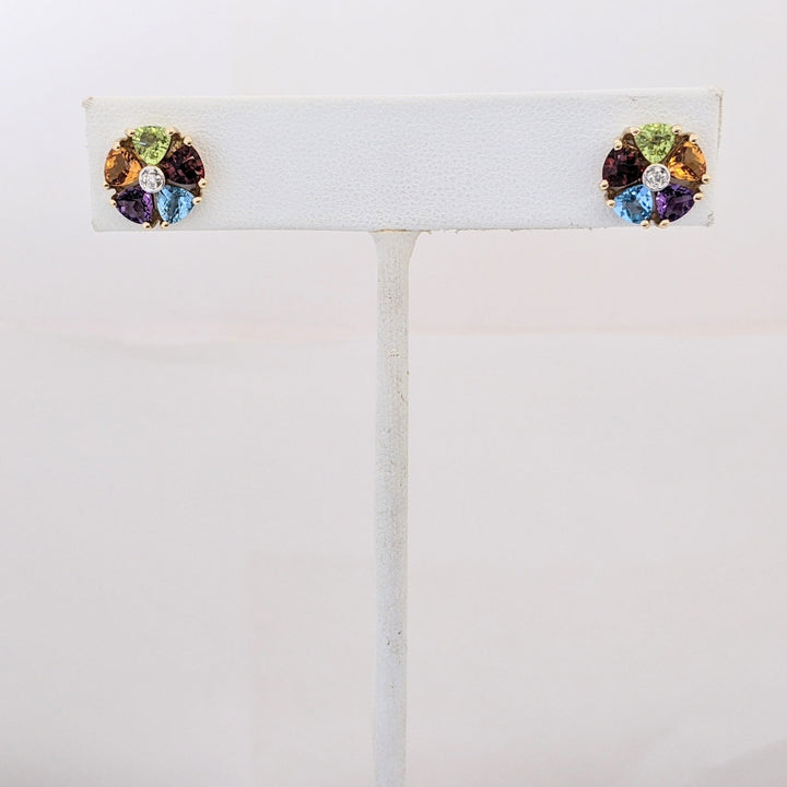 14K PERIDOT, CITRINE, AMETHYST, BLUE TOPAZ, GARNET TRILLION CUT ESTATE CLUSTER EARRINGS 2.2 GRAMS