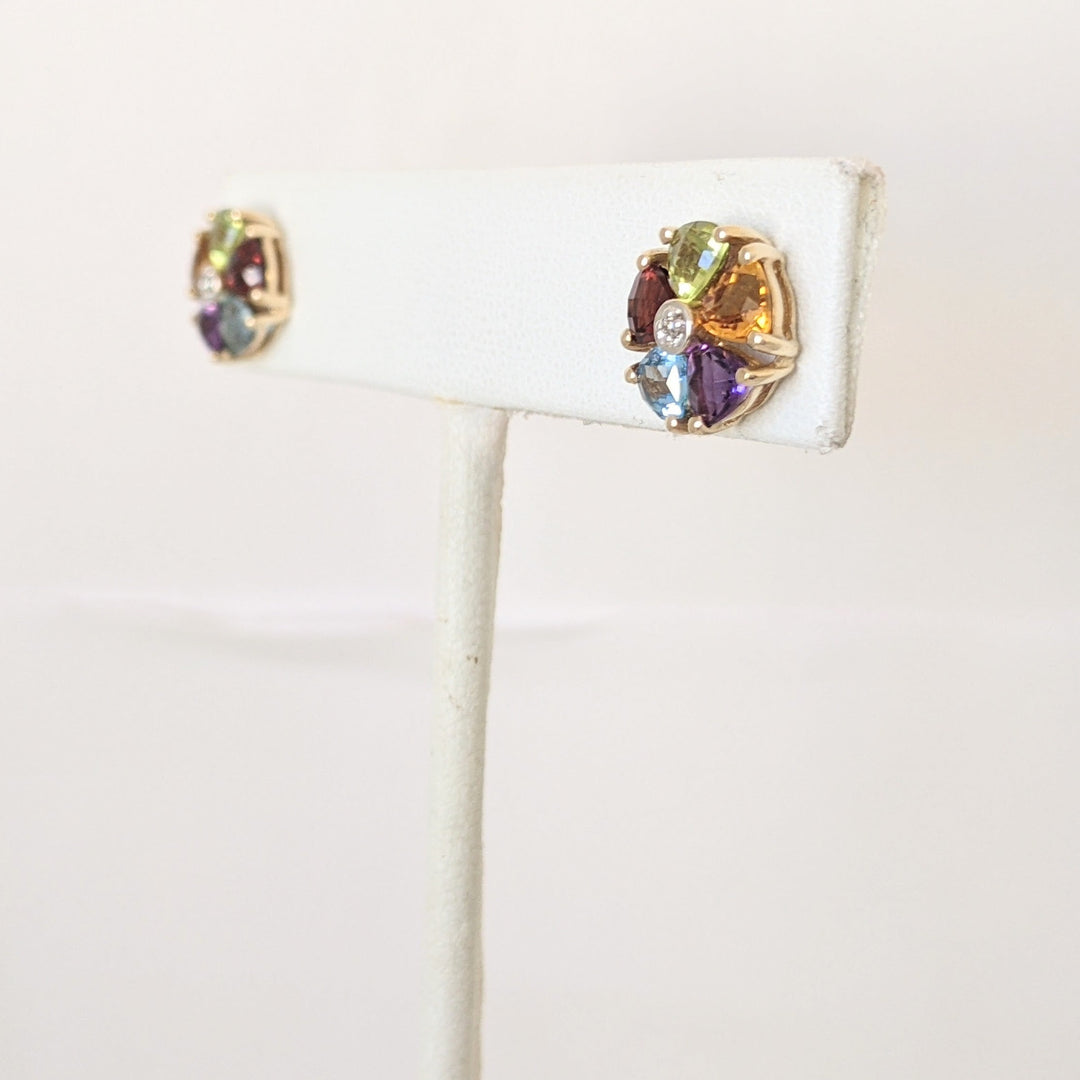 14K PERIDOT, CITRINE, AMETHYST, BLUE TOPAZ, GARNET TRILLION CUT ESTATE CLUSTER EARRINGS 2.2 GRAMS