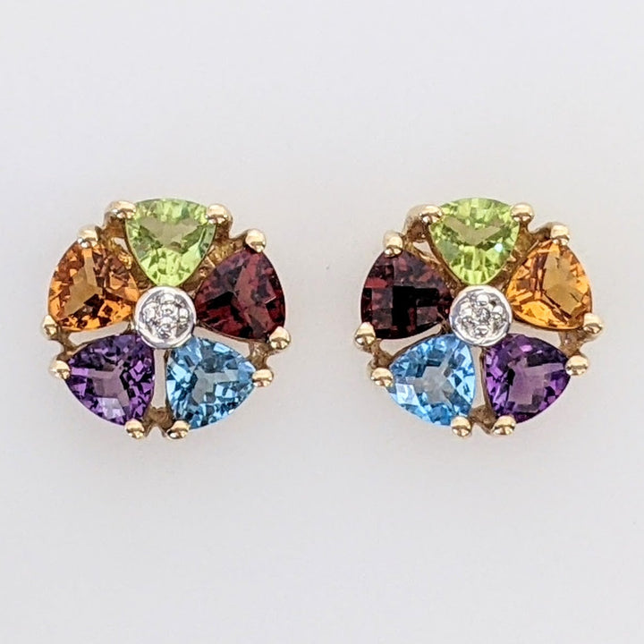 14K PERIDOT, CITRINE, AMETHYST, BLUE TOPAZ, GARNET TRILLION CUT ESTATE CLUSTER EARRINGS 2.2 GRAMS