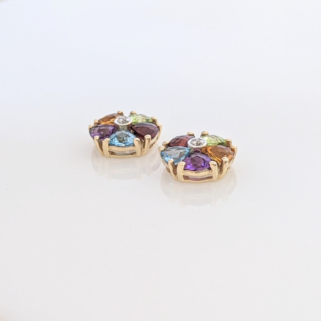 14K PERIDOT, CITRINE, AMETHYST, BLUE TOPAZ, GARNET TRILLION CUT ESTATE CLUSTER EARRINGS 2.2 GRAMS