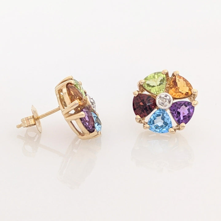 14K PERIDOT, CITRINE, AMETHYST, BLUE TOPAZ, GARNET TRILLION CUT ESTATE CLUSTER EARRINGS 2.2 GRAMS