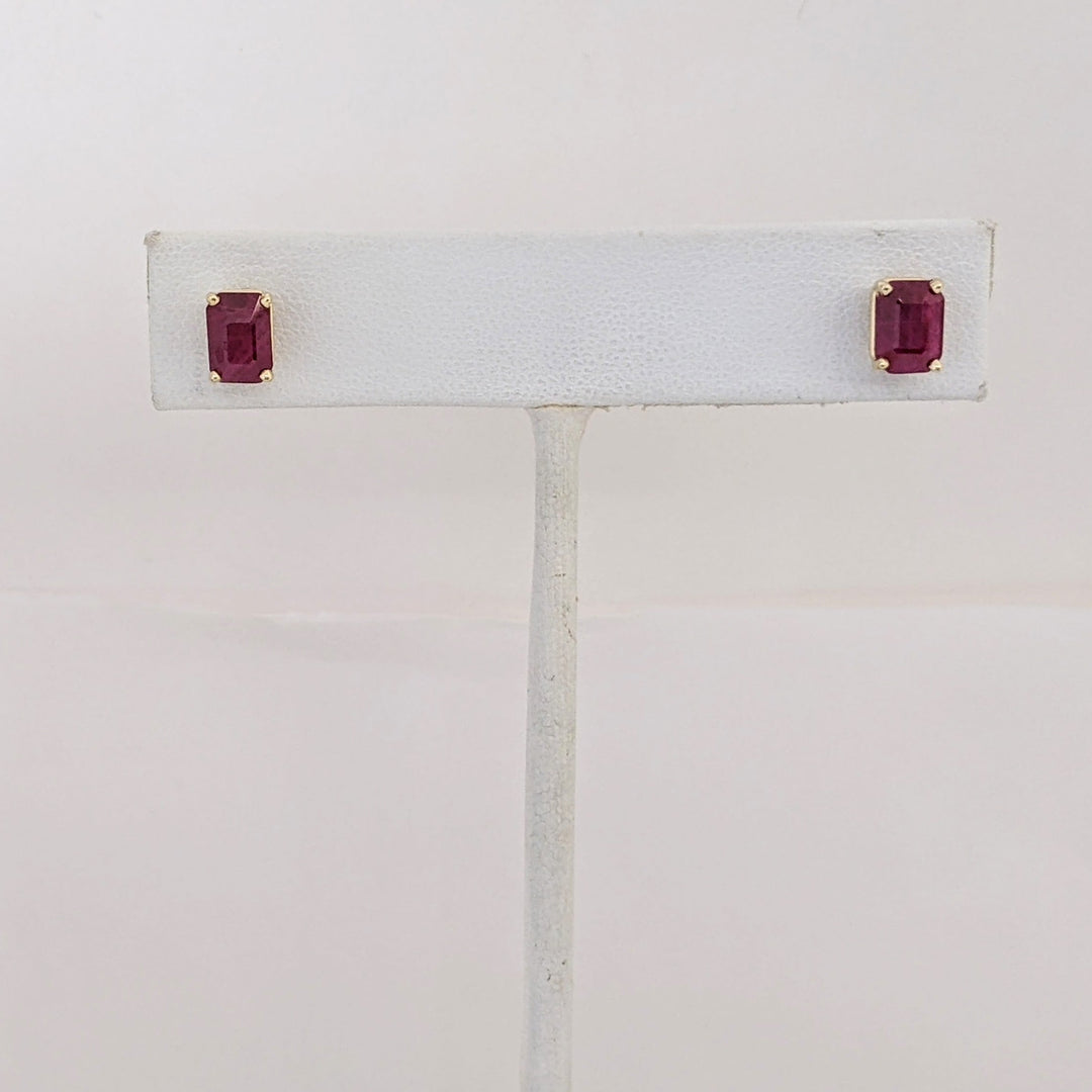 14K RUBY EMERALD CUT 5X7 ESTATE STUD EARRINGS 1.4 GRAMS