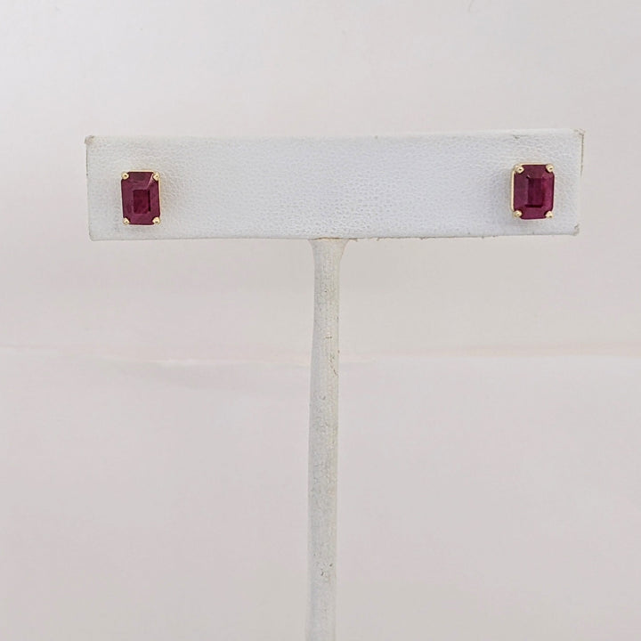 14K RUBY EMERALD CUT 5X7 ESTATE STUD EARRINGS 1.4 GRAMS