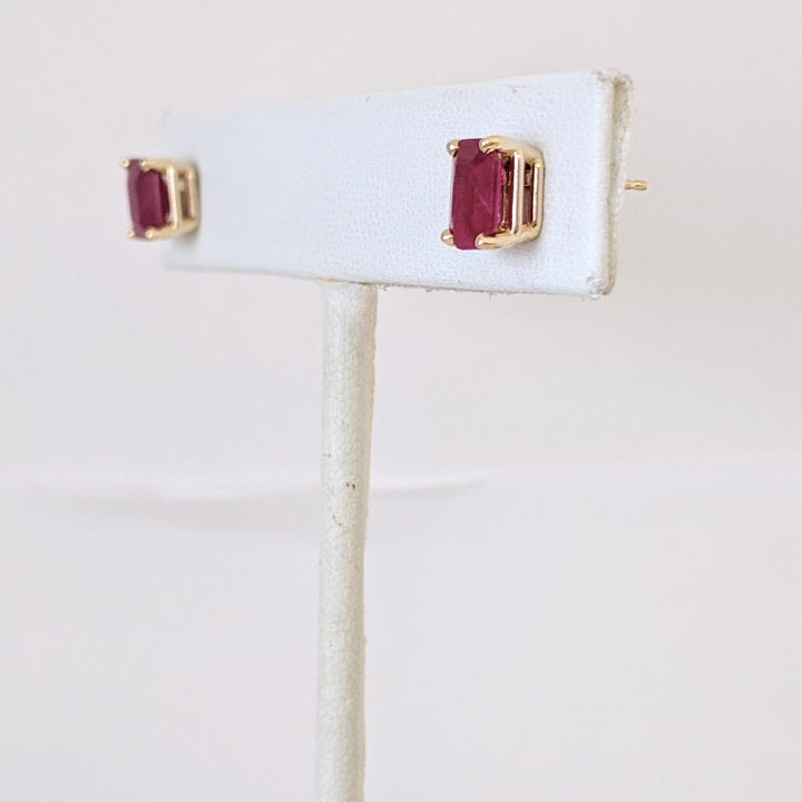 14K RUBY EMERALD CUT 5X7 ESTATE STUD EARRINGS 1.4 GRAMS
