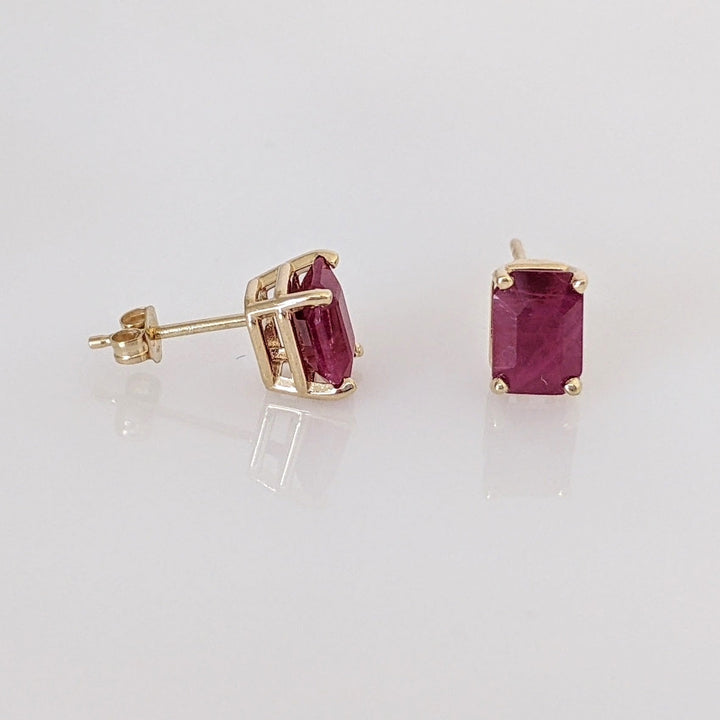 14K RUBY EMERALD CUT 5X7 ESTATE STUD EARRINGS 1.4 GRAMS