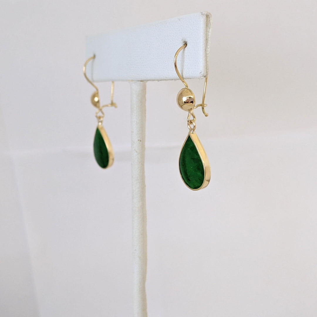 18K JADE PEAR 9X13 BEZEL DANGLE EARRINGS 2.2 GRAMS