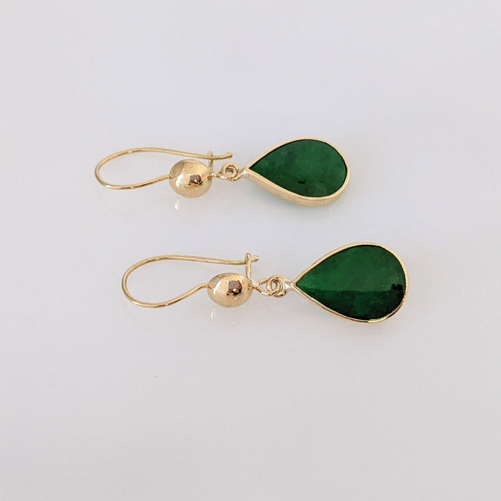 18K JADE PEAR 9X13 BEZEL DANGLE EARRINGS 2.2 GRAMS