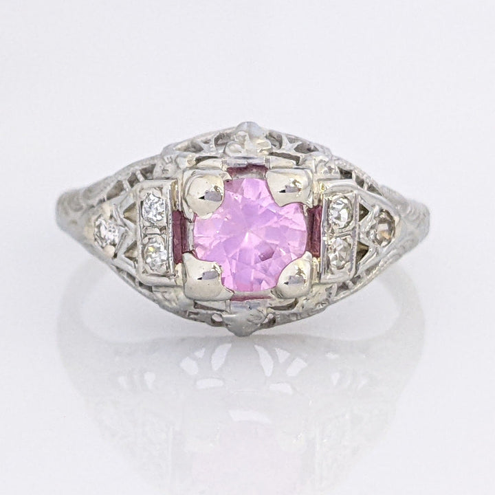 10K WHITE PINK SAPPHIRE ROUND 5.3MM WITH .08 DIAMOND TOTAL WEIGHT VINTAGE ESTATE RING 3.2 GRAMS