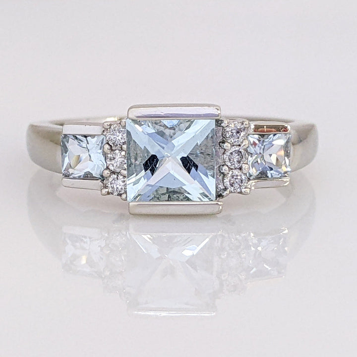 10K WHITE AQUAMARINE PRINCESS CUT (3) WITH (6) ROUND MELEE BEZEL ESTATE RING 2.9 GRAMS