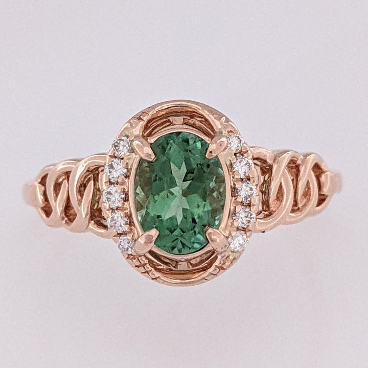 14K GREEN TOURMALINE OVAL 5X7 WITH MELEES CHAIN LINK ESTATE RING 3.1 GRAMS