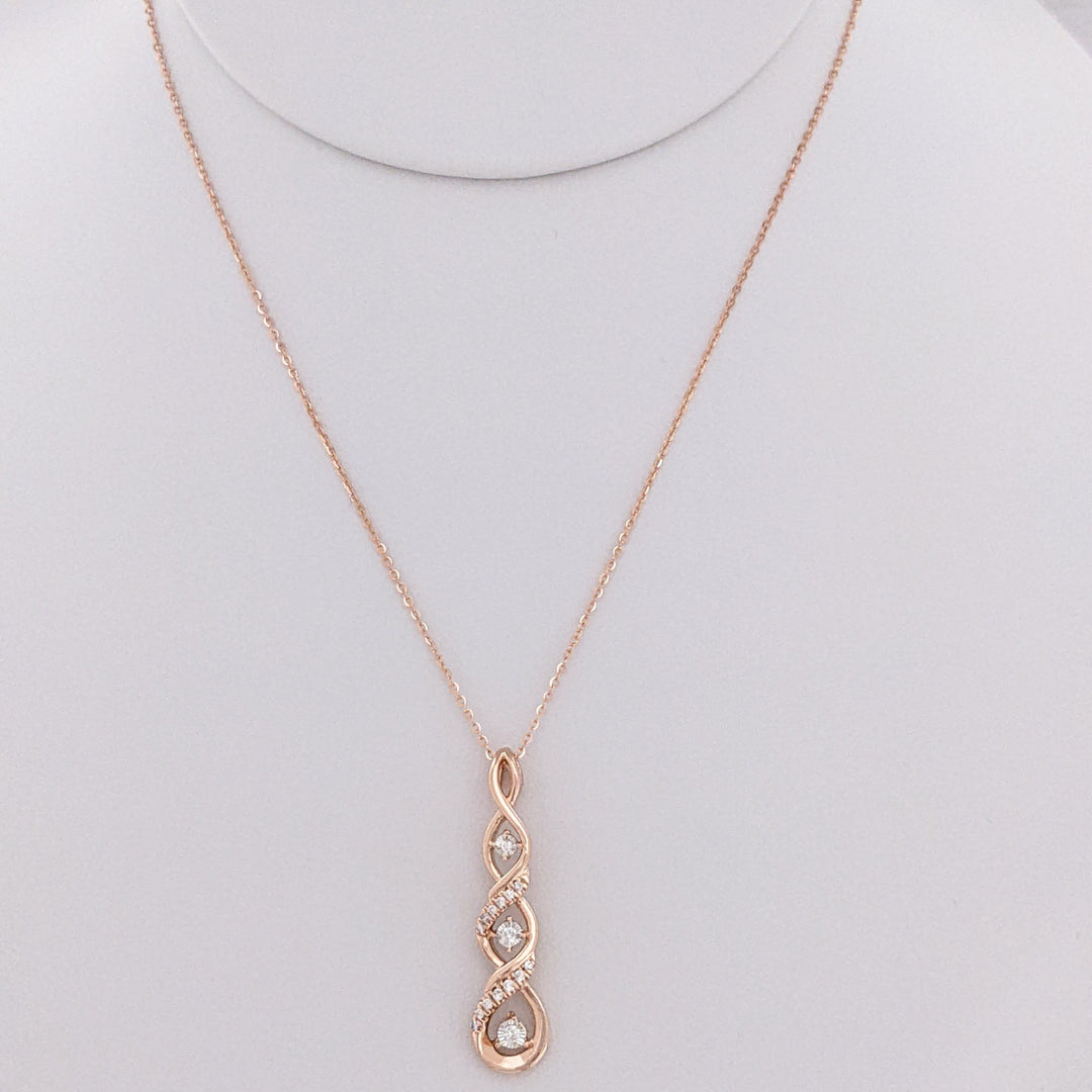 14K ROSE ROUND (16) MELEE "HEARTBEAT" TWIST ESTATE PENDANT & CHAIN 3.7 GRAMS