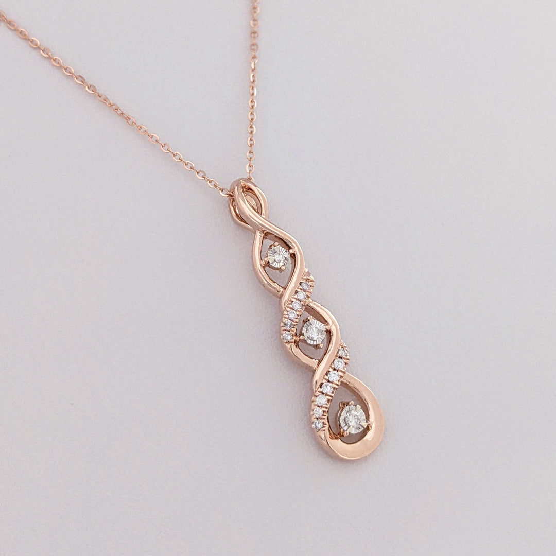 14K ROSE ROUND (16) MELEE "HEARTBEAT" TWIST ESTATE PENDANT & CHAIN 3.7 GRAMS