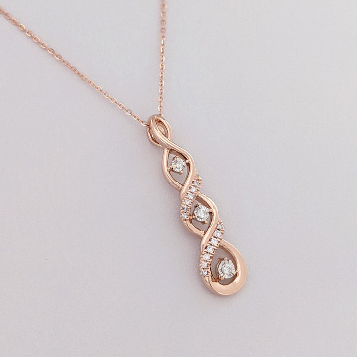 14K ROSE ROUND (16) MELEE "HEARTBEAT" TWIST ESTATE PENDANT & CHAIN 3.7 GRAMS