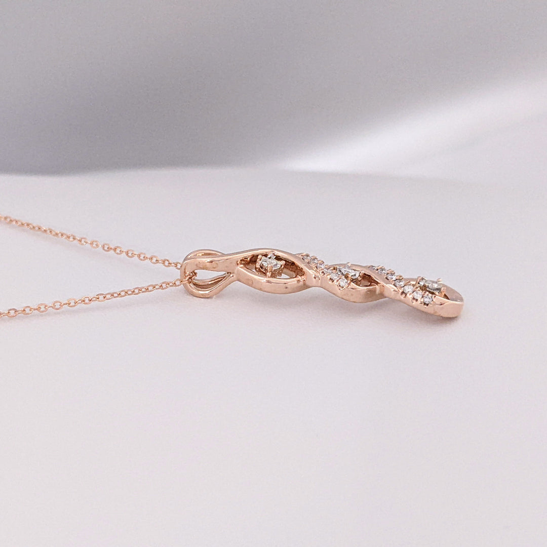 14K ROSE ROUND (16) MELEE "HEARTBEAT" TWIST ESTATE PENDANT & CHAIN 3.7 GRAMS