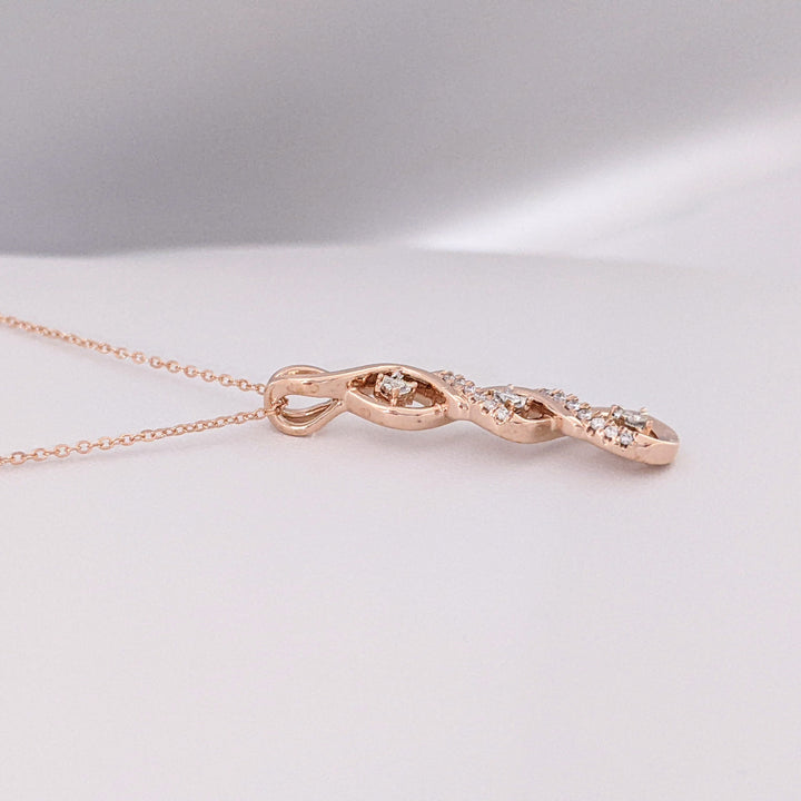 14K ROSE ROUND (16) MELEE "HEARTBEAT" TWIST ESTATE PENDANT & CHAIN 3.7 GRAMS
