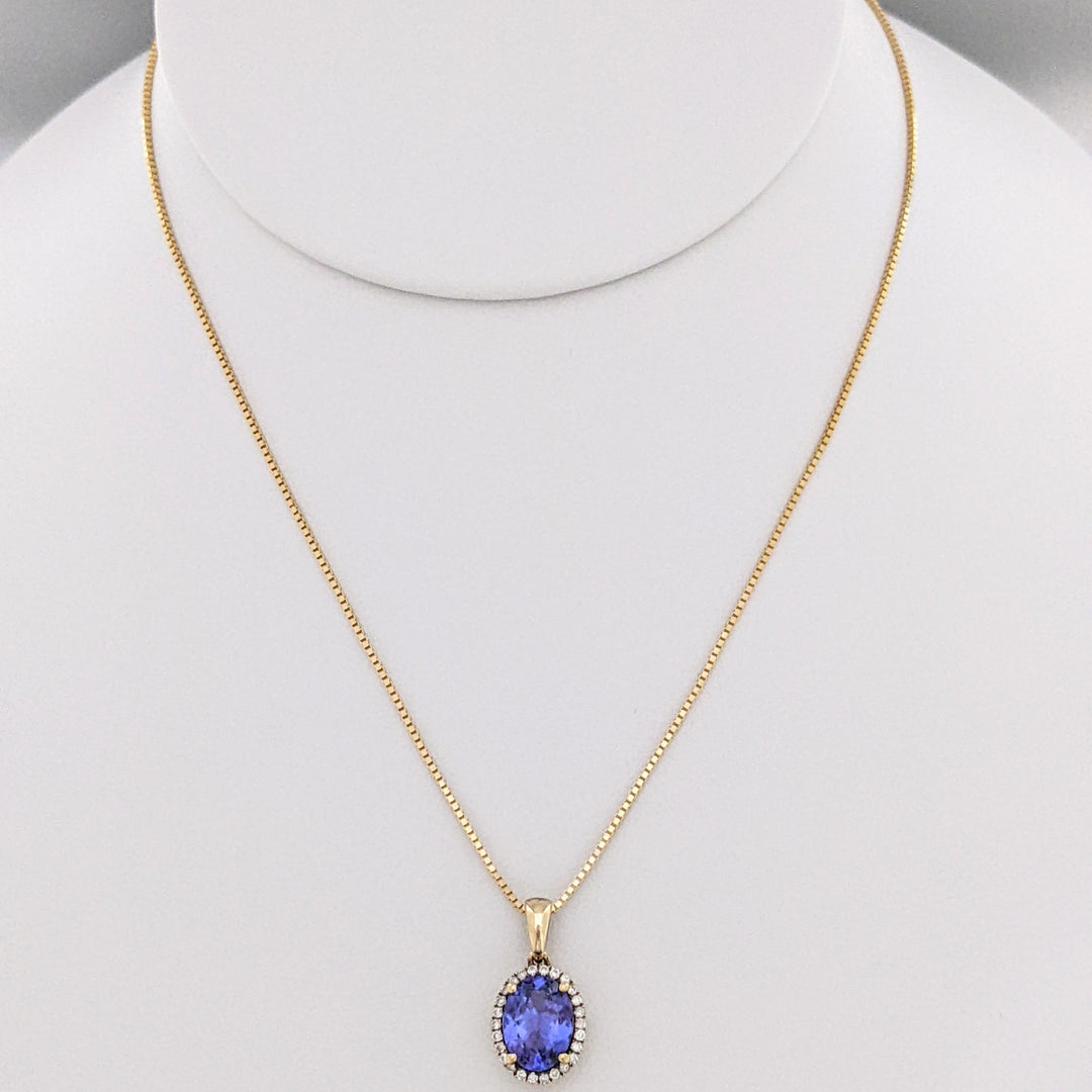 14K TANZANITE OVAL 7X9 "AAA" WITH .20 DIAMOND TOTAL WEIGHT HALO ESTATE PENDANT & CHAIN 3.4 GRAMS