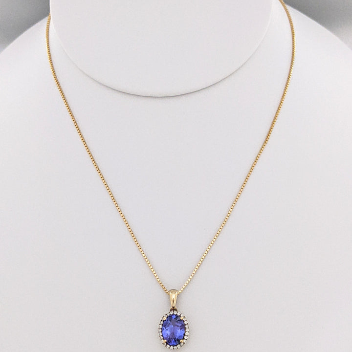 14K TANZANITE OVAL 7X9 "AAA" WITH .20 DIAMOND TOTAL WEIGHT HALO ESTATE PENDANT & CHAIN 3.4 GRAMS