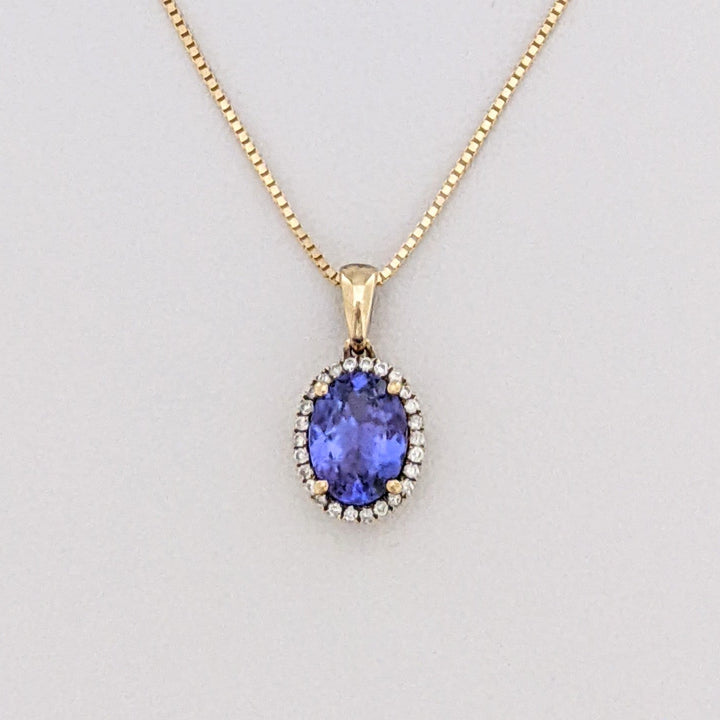 14K TANZANITE OVAL 7X9 "AAA" WITH .20 DIAMOND TOTAL WEIGHT HALO ESTATE PENDANT & CHAIN 3.4 GRAMS