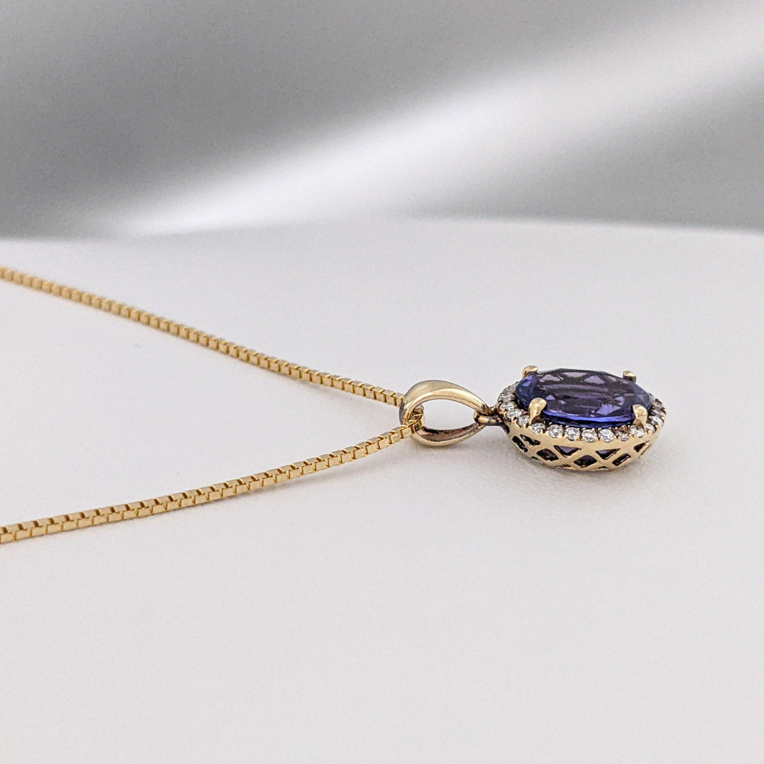 14K TANZANITE OVAL 7X9 "AAA" WITH .20 DIAMOND TOTAL WEIGHT HALO ESTATE PENDANT & CHAIN 3.4 GRAMS